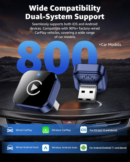 محول لاسلكي ومحول اندرويد اوتو من كاربلاي، ترقية 2026 2 في 1 للتوصيل والتشغيل، دونجل USB/USB-C، يحول سلكي الى لاسلكي للسيارات، اتصال سريع ومستقر، يناسب ايفون واندرويد، ازرق كحلي