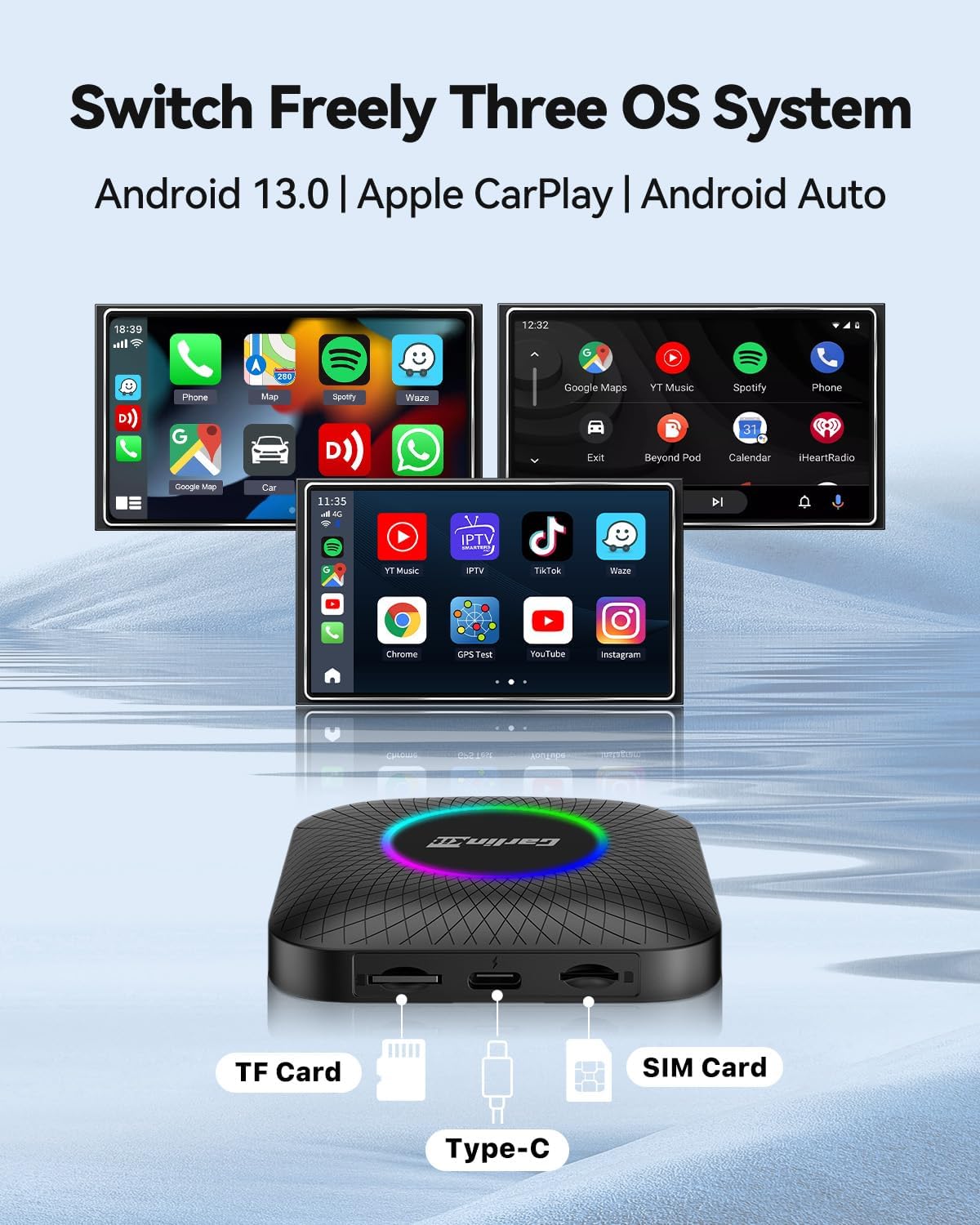 كارلين نت احدث ايه اي بوكس LED، اندرويد 13، كوالكوم 6225، 8GB+128GB، دونجل كاربلاي لاسلكي اندرويد اوتو 3 في 1 يأتي مع متجر جوجل بلاي، بث فيديو، فقط للسيارة مع كاربلاي سلكي