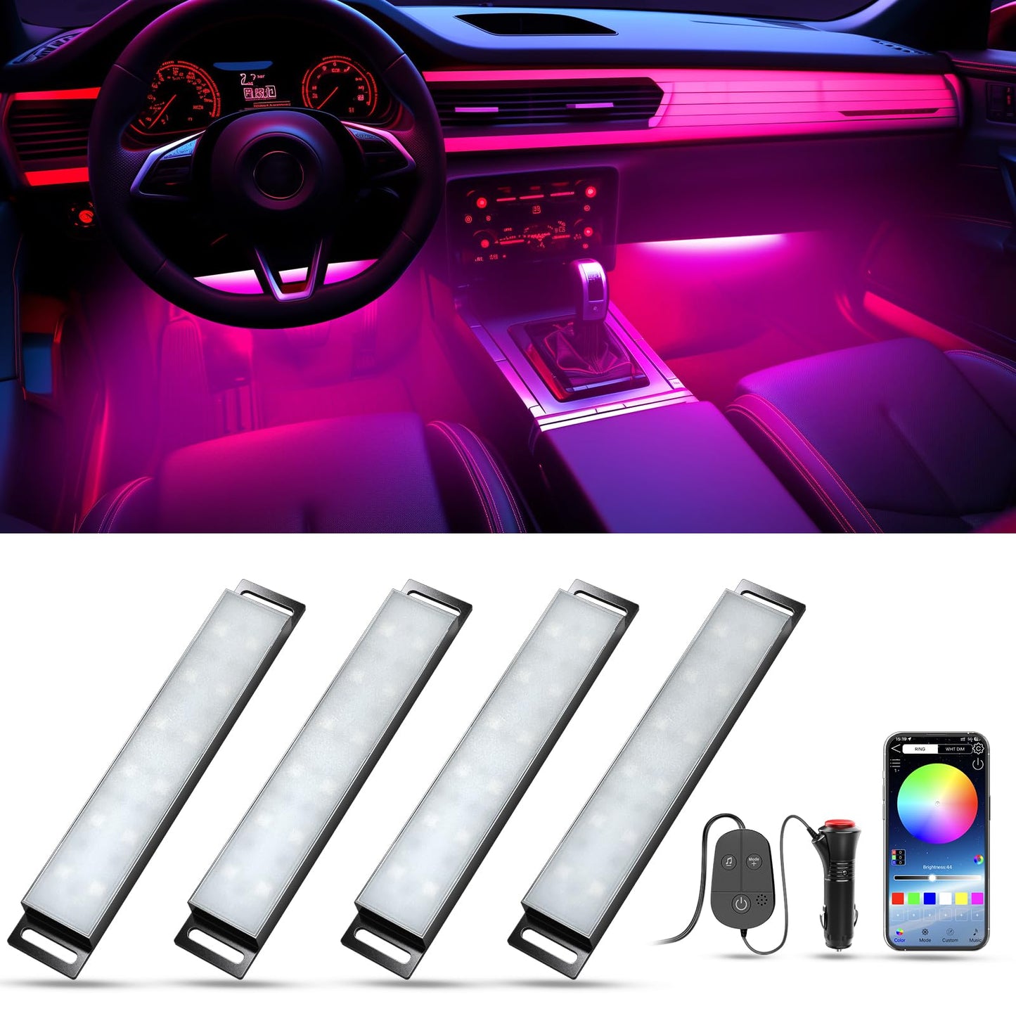 مصباح داخلي LED ذكي للسيارة من هوناليا مع تطبيق تحكم ومزامنة الموسيقى بالوان RGB متغيرة لتزيين السيارة الداخلية، شريط اضاءة نيون صلب متعدد الالوان مع منفذ USB للنساء والرجال والاصدقاء تيار مستمر 5