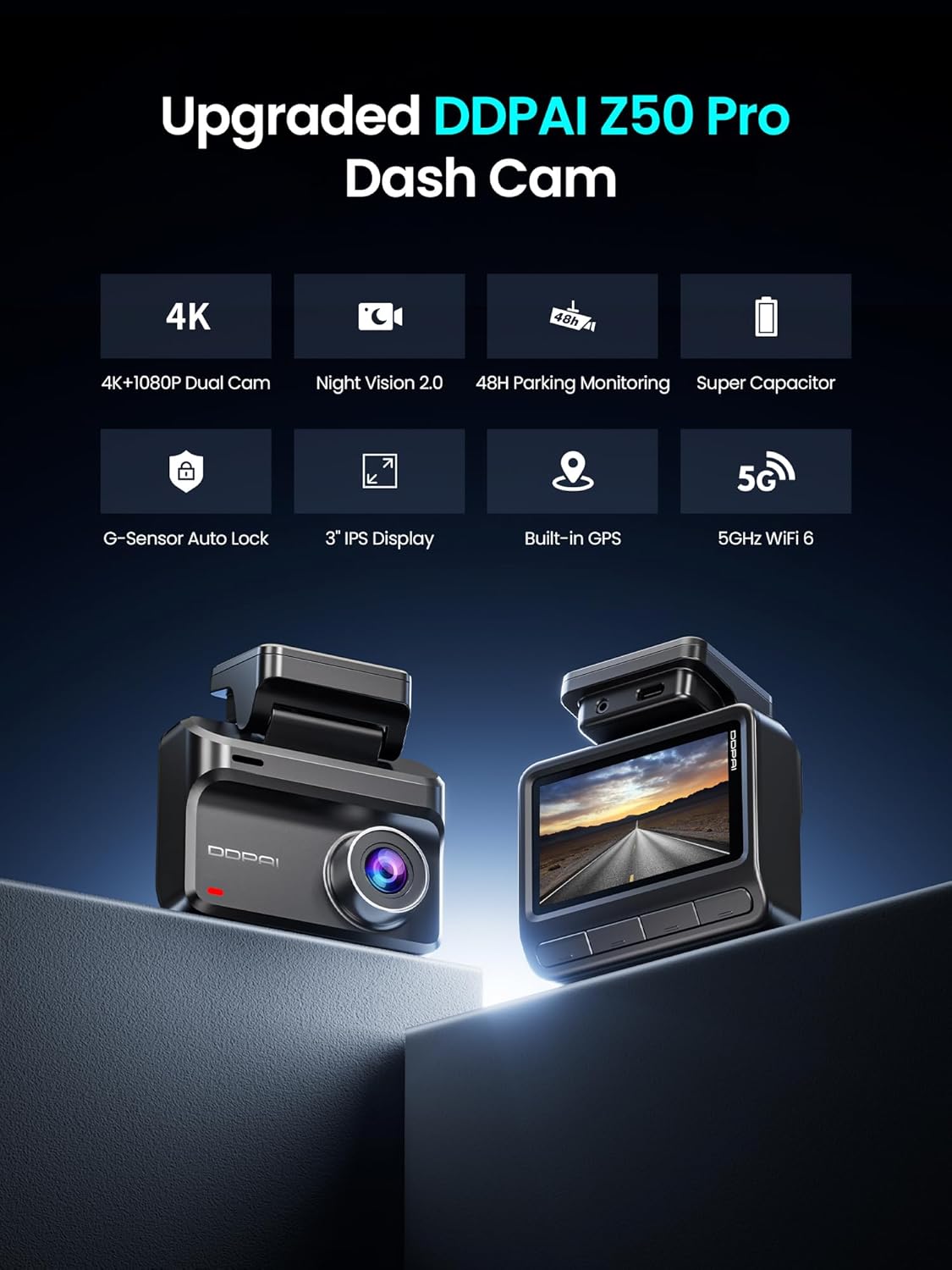 DDPAI Dash Cam for Cars, 4K+1080P Front and Rear Dashcam for Cars, Included 64GB Card Dash Camera, Built-in 5G WiFi6 GPS, 3'' IPS, 48H Parking Mode, Super Night Vision, ADAS, Loop Recording, Z50 Pro