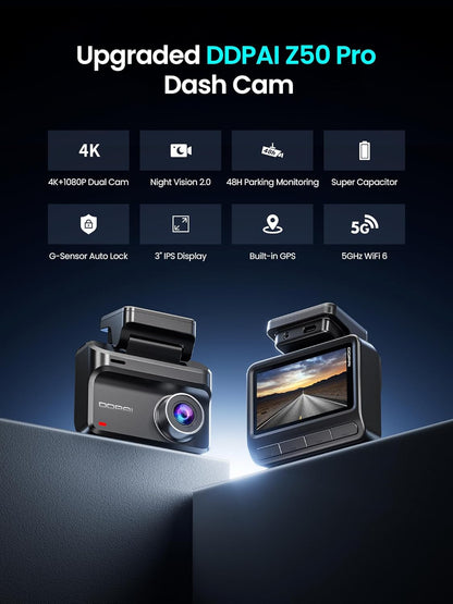 DDPAI Dash Cam for Cars, 4K+1080P Front and Rear Dashcam for Cars, Included 64GB Card Dash Camera, Built-in 5G WiFi6 GPS, 3'' IPS, 48H Parking Mode, Super Night Vision, ADAS, Loop Recording, Z50 Pro