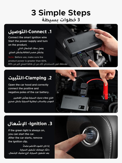 UGREEN Car Battery Jump Starter, 1000A UltraSafe 12V Battery Pack, 3 in 1 Battery Booster, Jump Box, 12000mAh Portable Power Bank with Digital Screen, Jump Leads and LED Light for Emergency and Travel