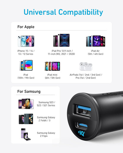 شاحن سيارة USB-C من انكر بقدرة 30 واط بمنفذين من النوع سي، شاحن سيارة ايفون مع باور اي كيو 3.0 لايفون 16/15/14/13/12 سلسلة سامسونج جالكسي S23/S22/S21 وايباد برو وايربودز وهواوي والمزيد