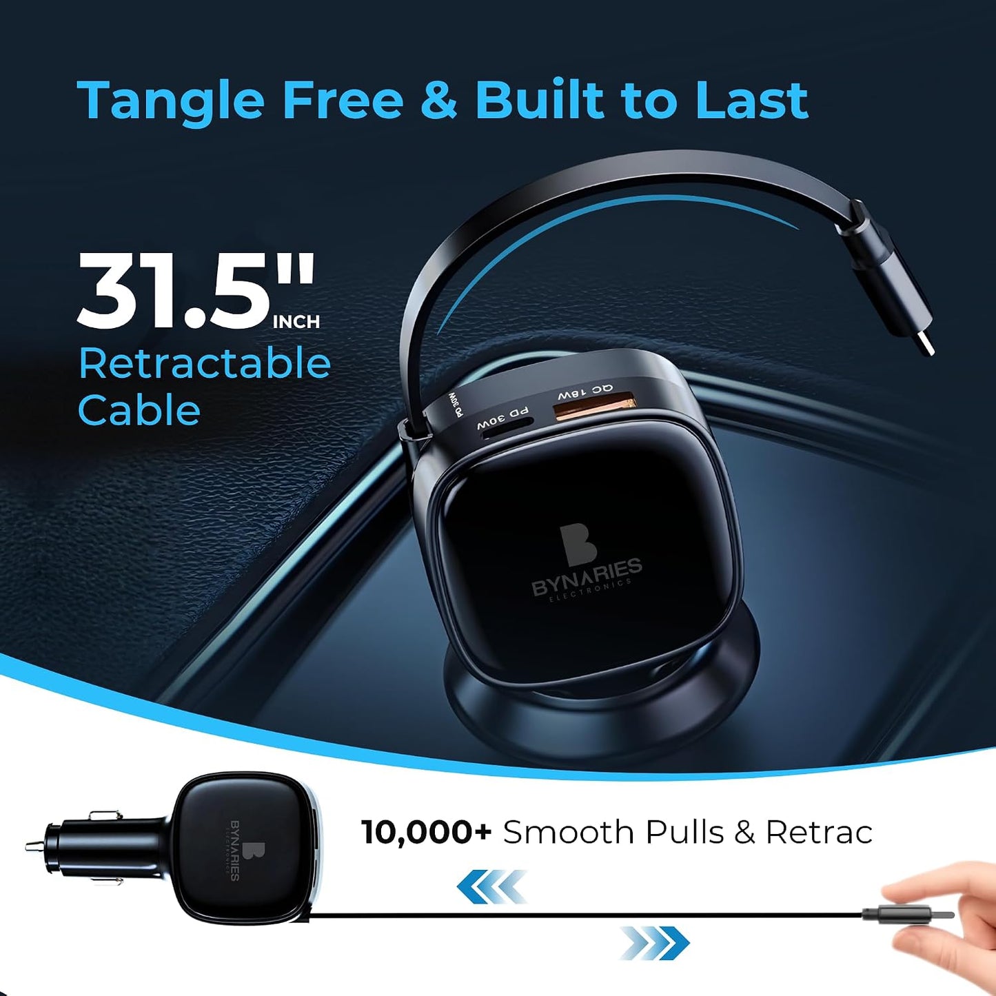 شاحن سيارة قابل للسحب 84 واط من بيناريز، شحن سريع مزدوج PD 33 واط، USB-C مع كيبل شاحن سيارة مدمج 80 سم، صغير للغاية، محول سيارة لايفون 15/16/17، سامسونج، ماك بوك وايربودز.