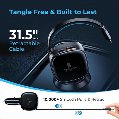 شاحن سيارة قابل للسحب 84 واط من بيناريز، شحن سريع مزدوج PD 33 واط، USB-C مع كيبل شاحن سيارة مدمج 80 سم، صغير للغاية، محول سيارة لايفون 15/16/17، سامسونج، ماك بوك وايربودز.