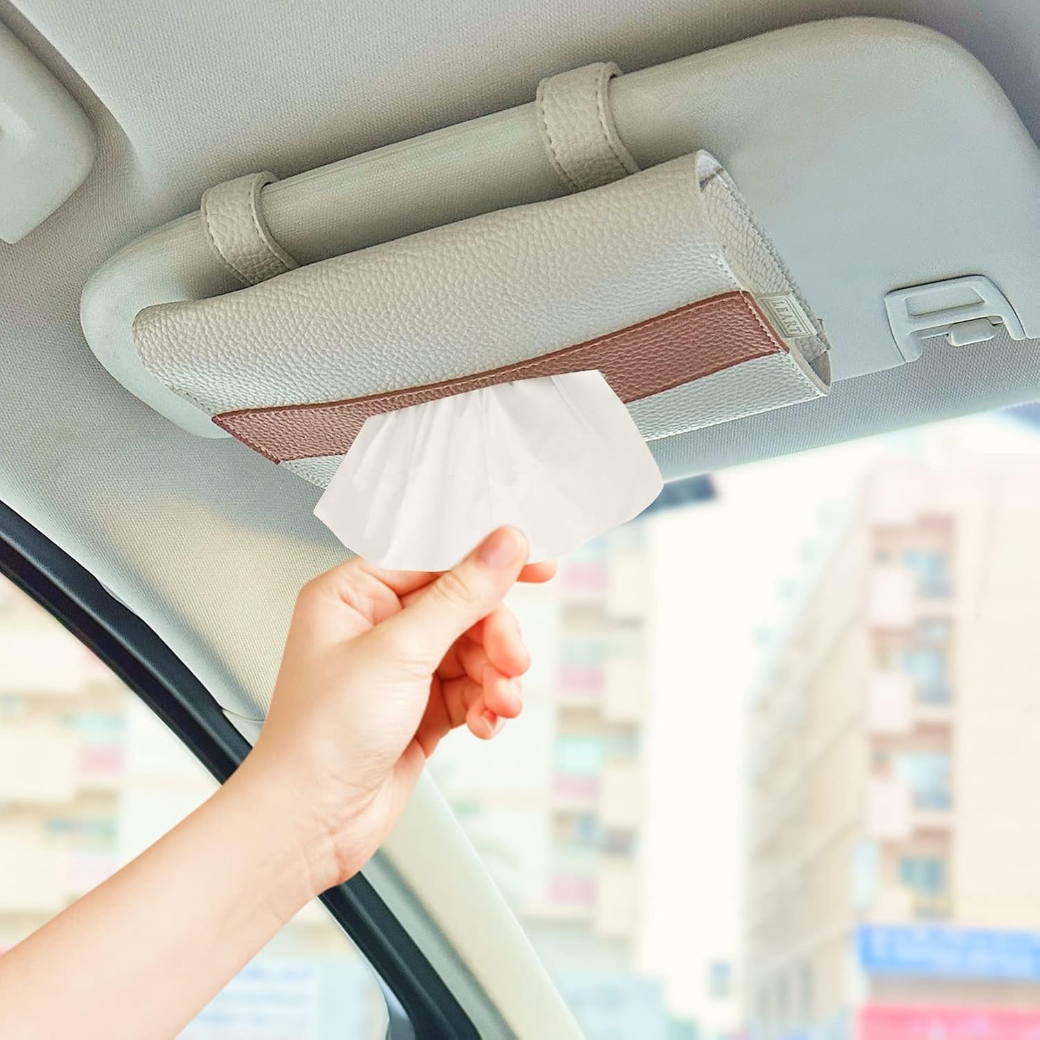 LEART Car Tissue Holder Leather – Visor Tissue Box Holder for Car | Tissue Box for Car | Car Accessories Interior | Car Tissue Box | Visor Tissue Box Holder (Camel Visor)