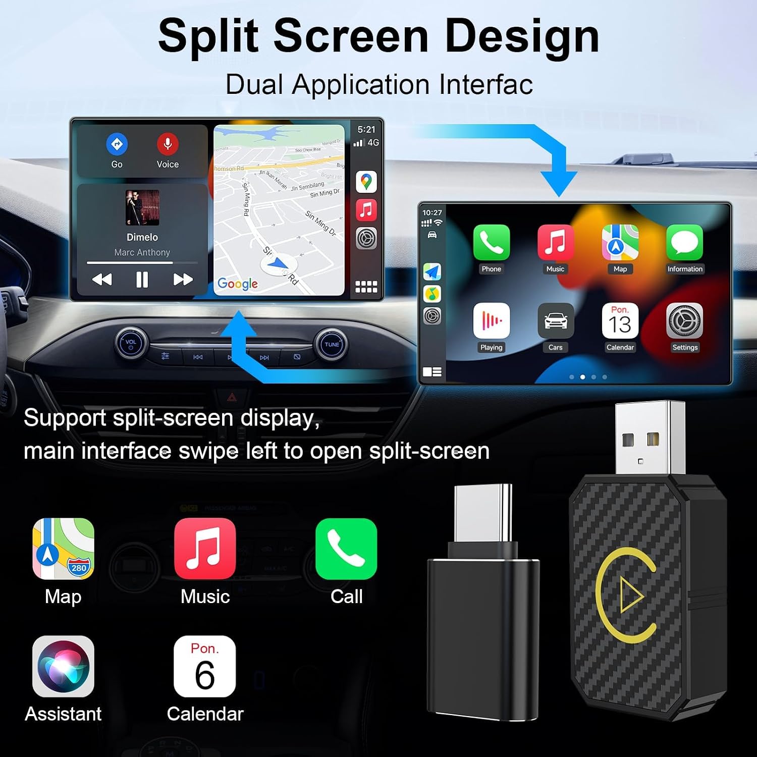 محول لاسلكي صغير من LBOYLOVE لنظام CarPlay ونظام Android Auto لأجهزة iPhone والأندرويد، توصيل تلقائي وتشغيل، بلوتوث 5.0 اتصال مستقر وسريع، يحول نظام CarPlay السلكي المثبت خصيصًا إلى محول CarPlay