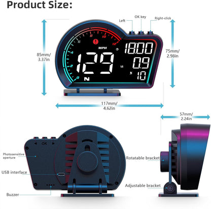 HUD Digital Speedometer for Car- Universal Heads Up Display with Oversize Screen, Large LCD MPH Speed & Fatigue Alert, Over-Speed Alarm Compass