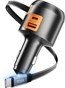 XXZU 3-in-1 Fast Car Charger, 60W Retractable Car Charger with 70cm Built-in USB C Cable, Cigarette Lighter Adapter with USB C & USB A Ports, Compatible with iPhone Series, Samsung Galaxy, Pixel, iPad