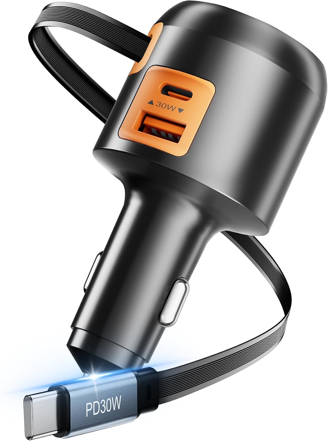 XXZU 3-in-1 Fast Car Charger, 60W Retractable Car Charger with 70cm Built-in USB C Cable, Cigarette Lighter Adapter with USB C & USB A Ports, Compatible with iPhone Series, Samsung Galaxy, Pixel, iPad