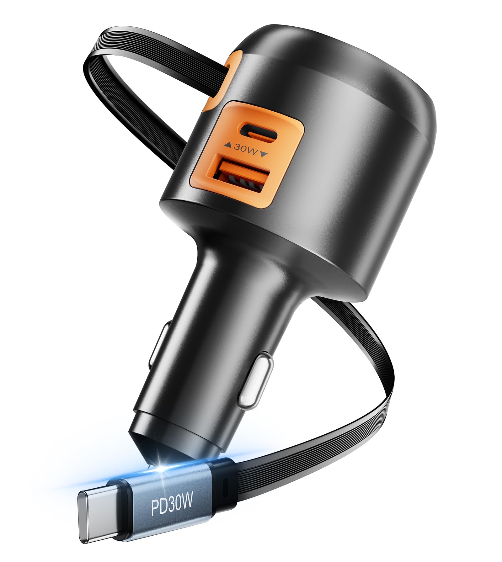 XXZU 137W Retractable Car Charger, 65W USB C Fast Charging with Dual Retractable Cables, 2 Charging Ports, Voltage Display, Cigarette Lighter, 4-in-1 Car Charger Adapter for iPhone/Android/iPad/Laptop