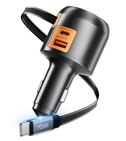 XXZU 137W Retractable Car Charger, 65W USB C Fast Charging with Dual Retractable Cables, 2 Charging Ports, Voltage Display, Cigarette Lighter, 4-in-1 Car Charger Adapter for iPhone/Android/iPad/Laptop