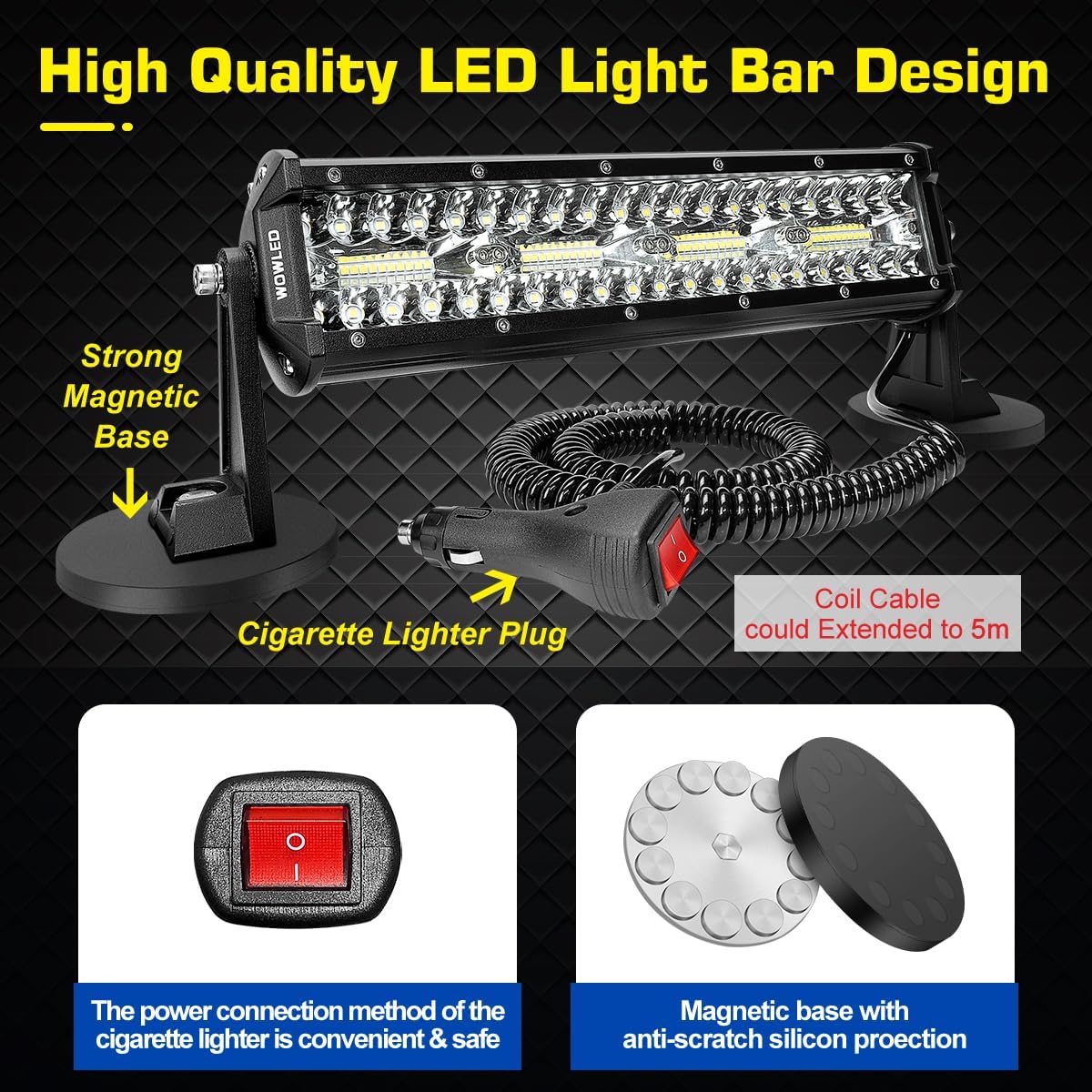 Magnetic LED Light Bar, Super Bright 12 Inch Combo Beam Cigarette Lighter Light Strip 6000 K with Strong Magnets 4-Way Mounting, 12 V 24 V Tractor Work Light Strip for ATV Cars Trailers