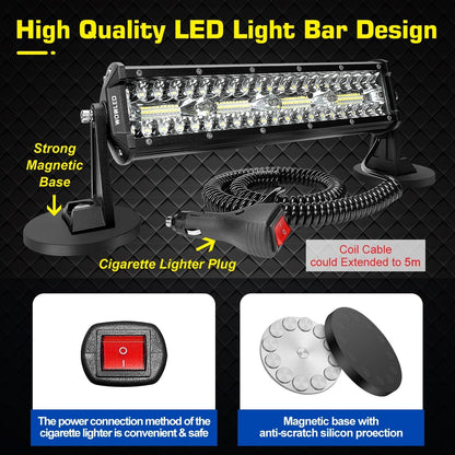 Magnetic LED Light Bar, Super Bright 12 Inch Combo Beam Cigarette Lighter Light Strip 6000 K with Strong Magnets 4-Way Mounting, 12 V 24 V Tractor Work Light Strip for ATV Cars Trailers