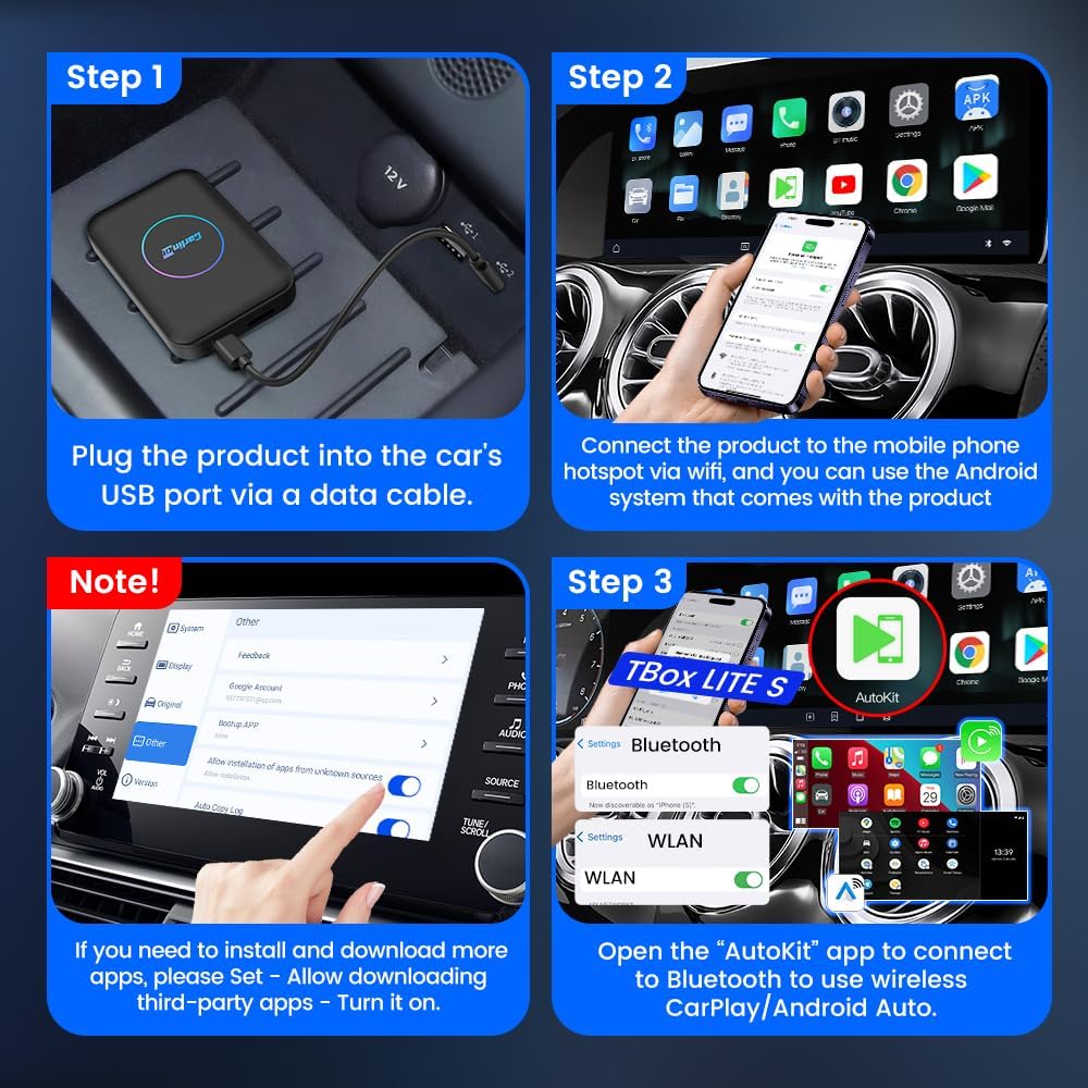 Carlinkit Tbox LITE S (ترقية)، صندوق Android Ai فائق 4 في 1 مع مخرج HDMI 4 + 32 جيجابايت، يأتي مع متجر Google Play / Netflix / نظام ترفيهي داخل السيارة، معتمد من Google GMS