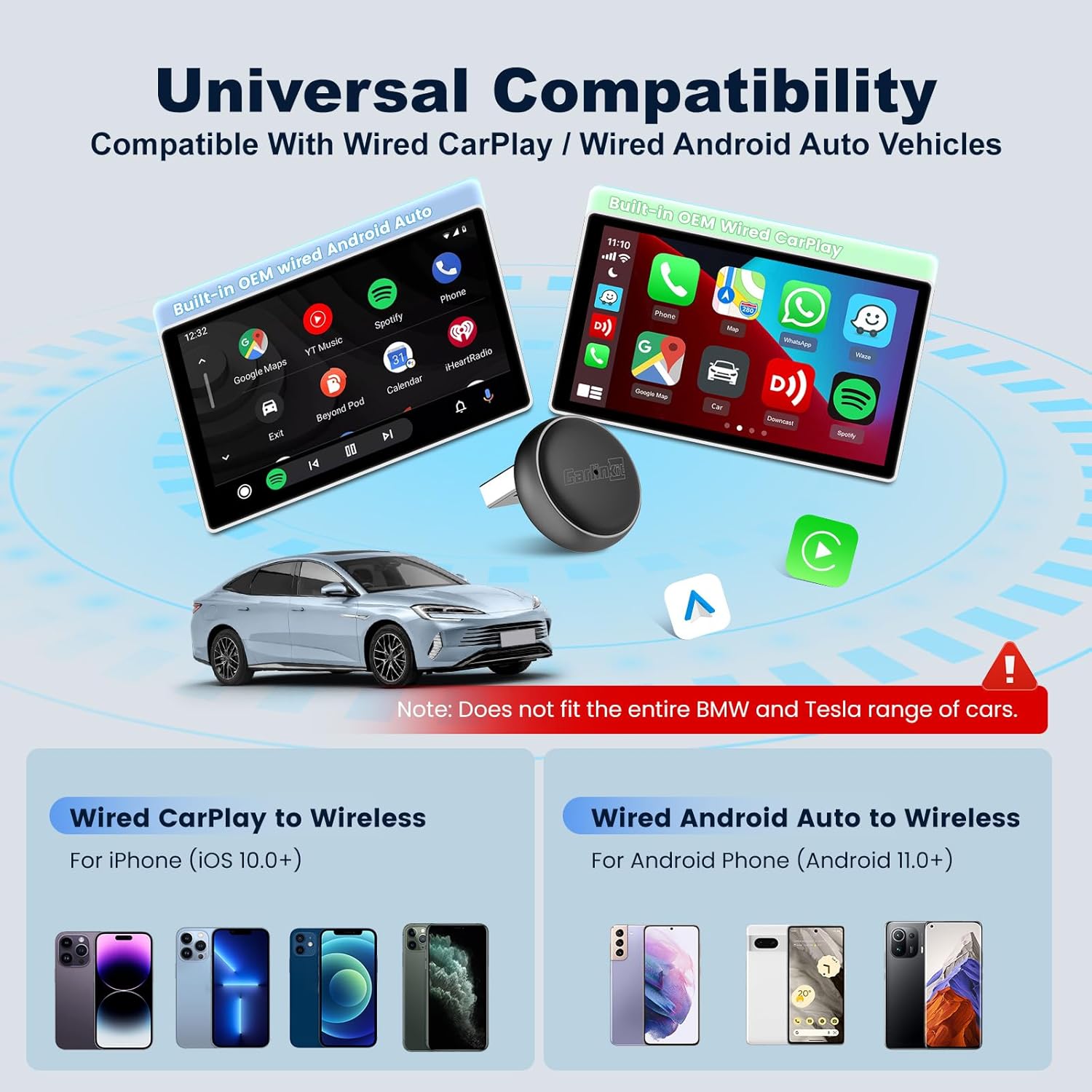 Carlinkit Mini Ultra Wireless CarPlay & Android Car Adapter, Convert Factory Wired to Wireless, USB-A/USB-C Fast Connection for iOS 10+ & Android 11+, Plug & Play Car Play