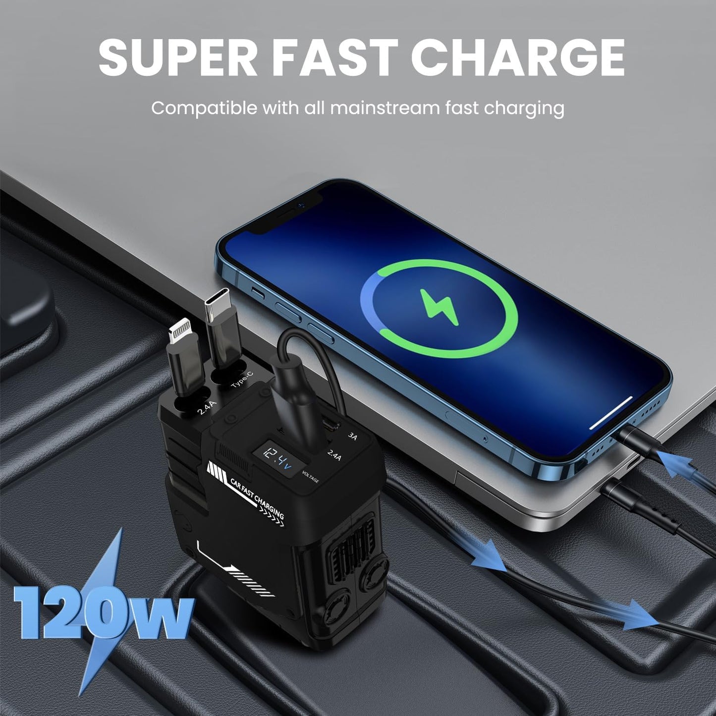 نيكومي شاحن سيارة، كيبل قابل للسحب 120 واط وشاحن سيارة USB، شحن سريع بـ 4 منافذ، متوافق مع جالكسي والاجهزة الاخرى، وصلة شاحن سيارة (اسود)