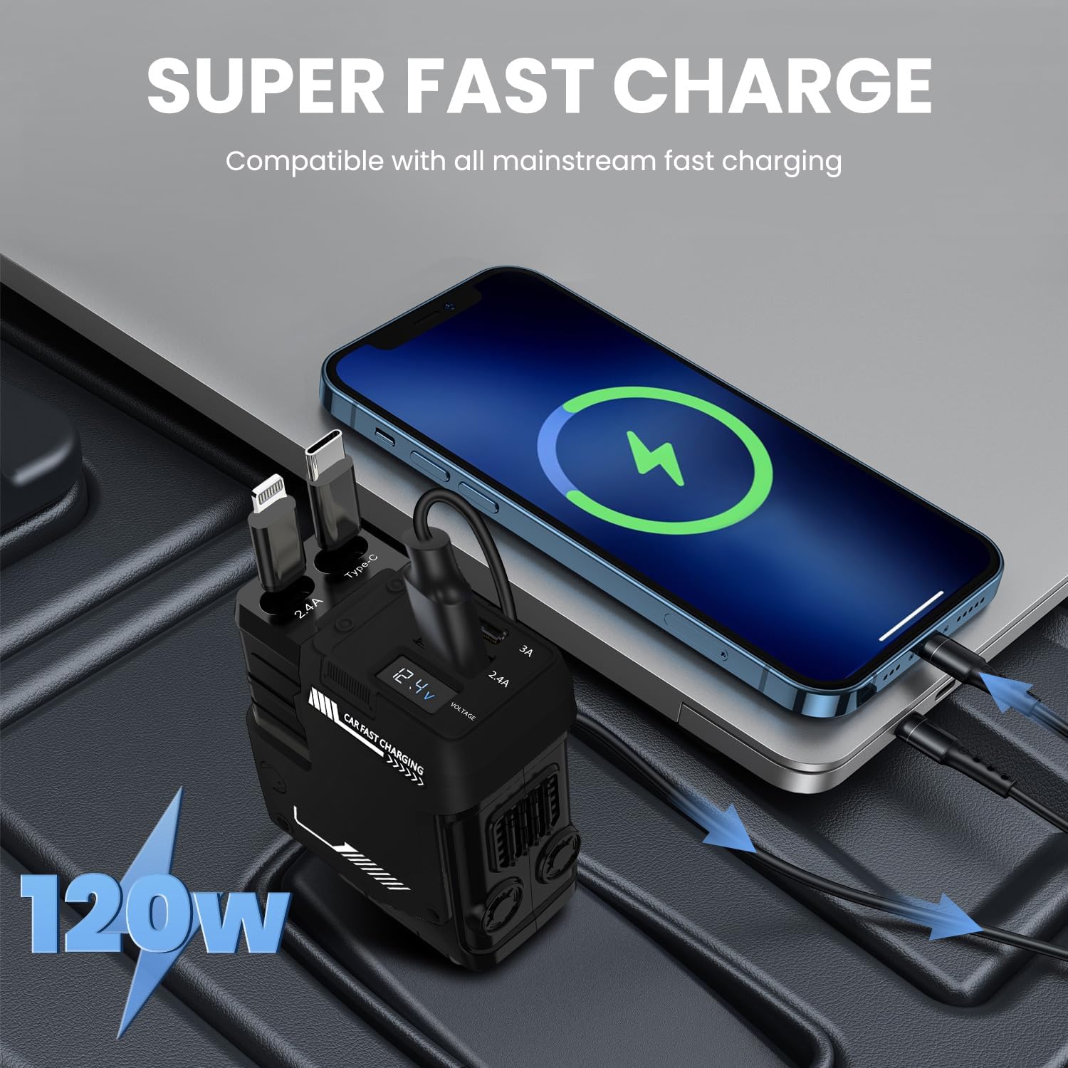 نيكومي شاحن سيارة، كيبل قابل للسحب 120 واط وشاحن سيارة USB، شحن سريع بـ 4 منافذ، متوافق مع جالكسي والاجهزة الاخرى، وصلة شاحن سيارة (اسود)