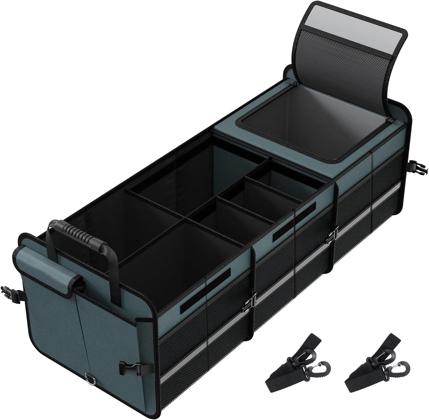 Trunk Organizer With Built-in Leakproof Cooler Bag, 2 Tie-Down Straps, 4 Removable Dividers, Foldable Cover, Built with 2mm PE Board, Gray
