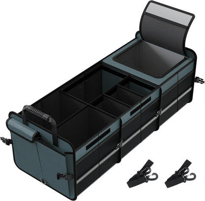Trunk Organizer With Built-in Leakproof Cooler Bag, 2 Tie-Down Straps, 4 Removable Dividers, Foldable Cover, Built with 2mm PE Board, Gray