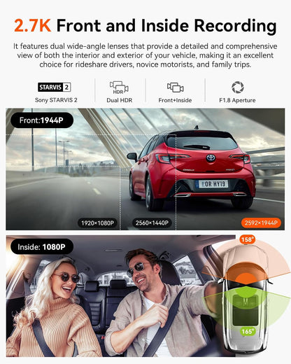 VANTRUE N2X Dash Cam 2.7K Front and Inside, STARVIS 2 IMX675, Dual Dash Cam For Cars, Car camera with 5G WiFi, HDR, Night Vision, GPS, 24H Buffered Parking Mode, 60fps, Voice Control,Support 512GB Max