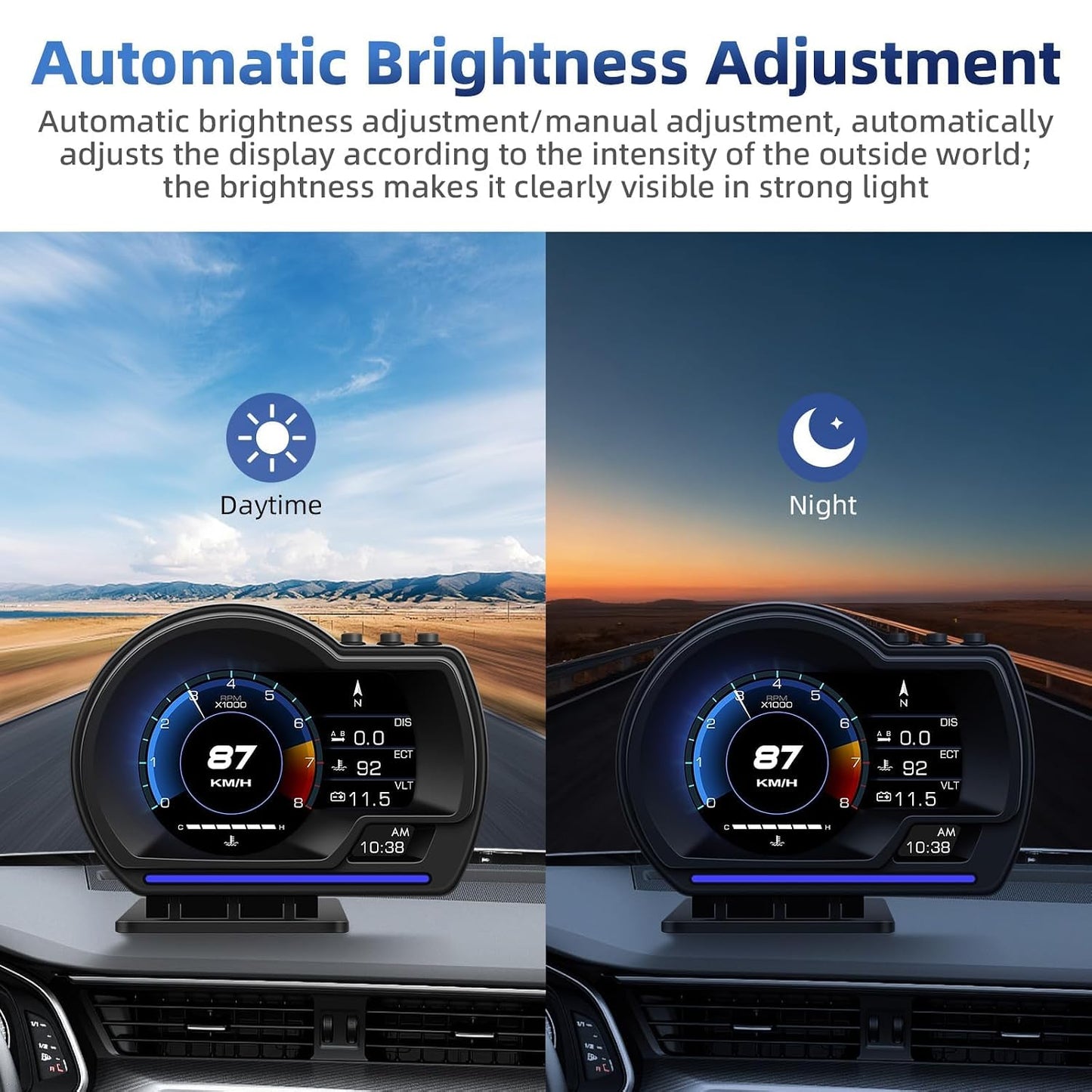 شاشة عرض OBD2+GPS مزدوجة الوضعية للسيارة، 10 واجهات وطريقتان للتركيب، مقياس ذكي لبيانات قيادة السيارة مع سرعة دورة في الدقيقة ودرجة حرارة الماء والوقود وانذار السرعة الزائدة وماسح رمز الخطأ