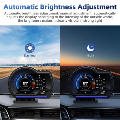 شاشة عرض OBD2+GPS مزدوجة الوضعية للسيارة، 10 واجهات وطريقتان للتركيب، مقياس ذكي لبيانات قيادة السيارة مع سرعة دورة في الدقيقة ودرجة حرارة الماء والوقود وانذار السرعة الزائدة وماسح رمز الخطأ