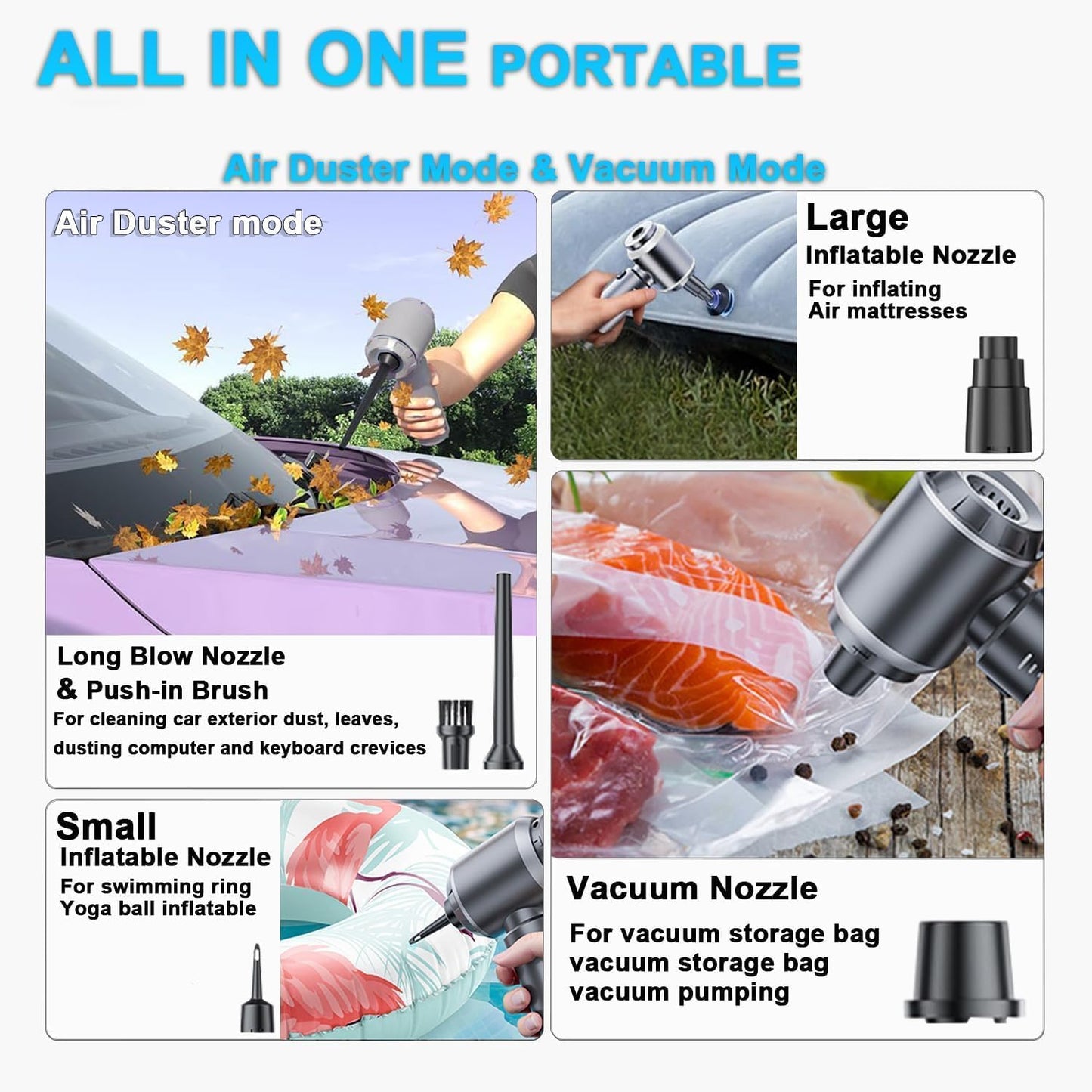 4-in-1 Car Vacuum Cleaner Wireless, 25KPa Portable Cordless Vacuum Cleaner with 3 Gears, High Power Air Duster for Car, Home, Office, Camping