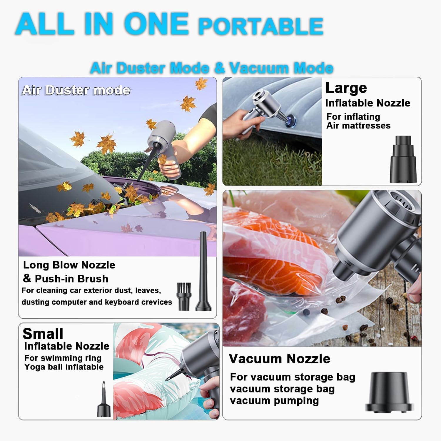 4-in-1 Car Vacuum Cleaner Wireless, 25KPa Portable Cordless Vacuum Cleaner with 3 Gears, High Power Air Duster for Car, Home, Office, Camping