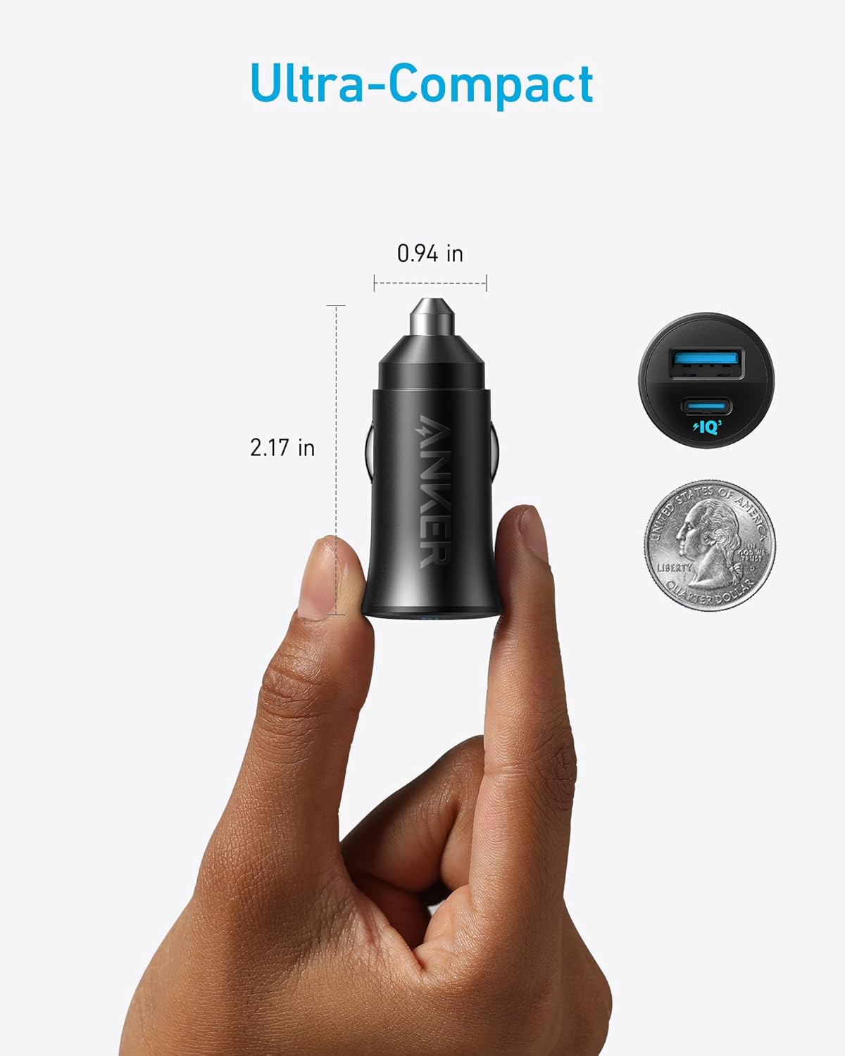 شاحن سيارة USB-C من انكر بقدرة 30 واط بمنفذين من النوع سي، شاحن سيارة ايفون مع باور اي كيو 3.0 لايفون 16/15/14/13/12 سلسلة سامسونج جالكسي S23/S22/S21 وايباد برو وايربودز وهواوي والمزيد