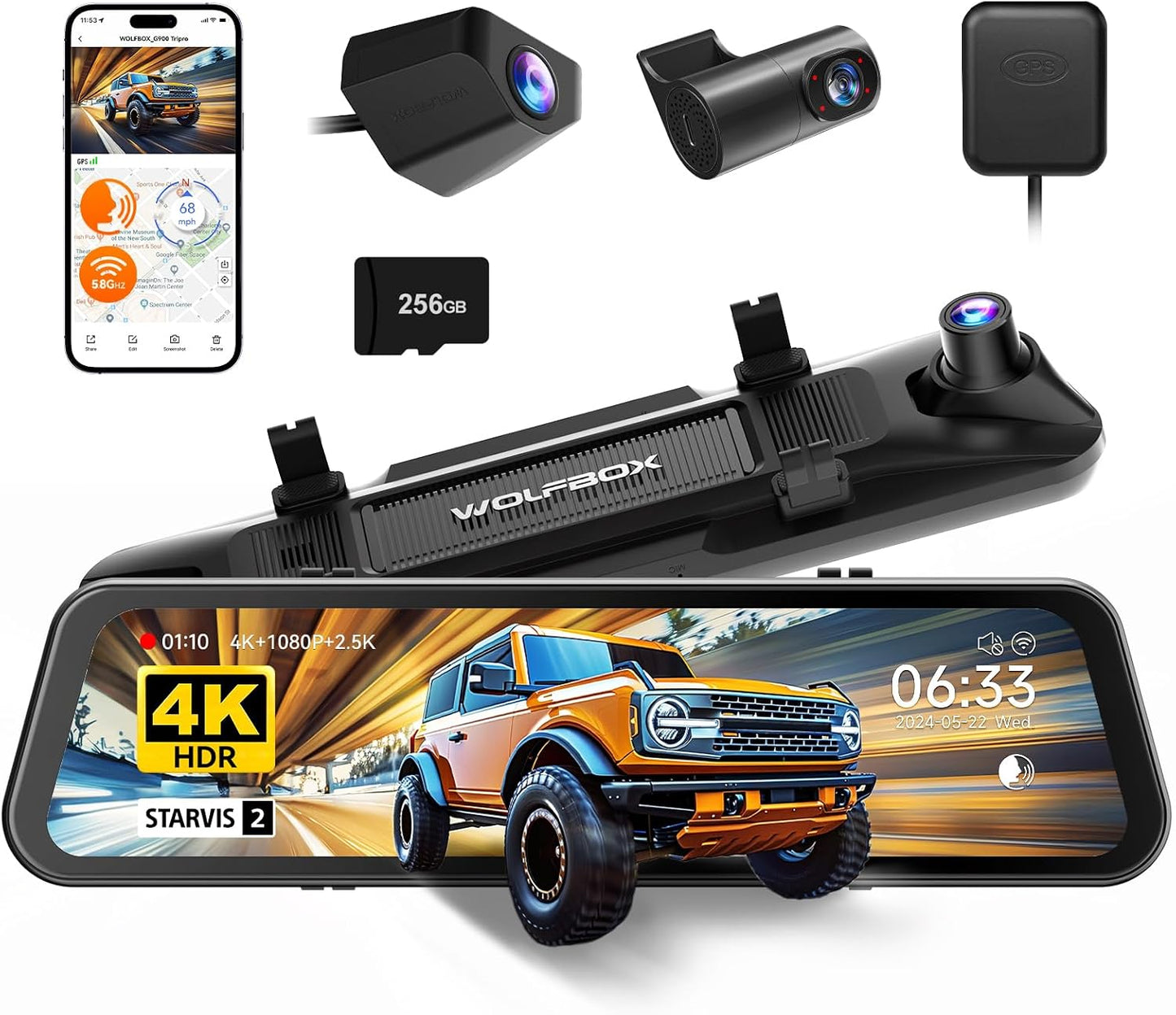 WOLFBOX G900 Tripro Cabin Version 3-Channel 4K Rear View Mirror Dash Cam for Cars, 8MP STARVIS IMX678 Night Vision, 4K+1080P+2.5K Front Inside & Rear Car Dash Camera, 5.8GHz WiFi, Voice Control, 256GB