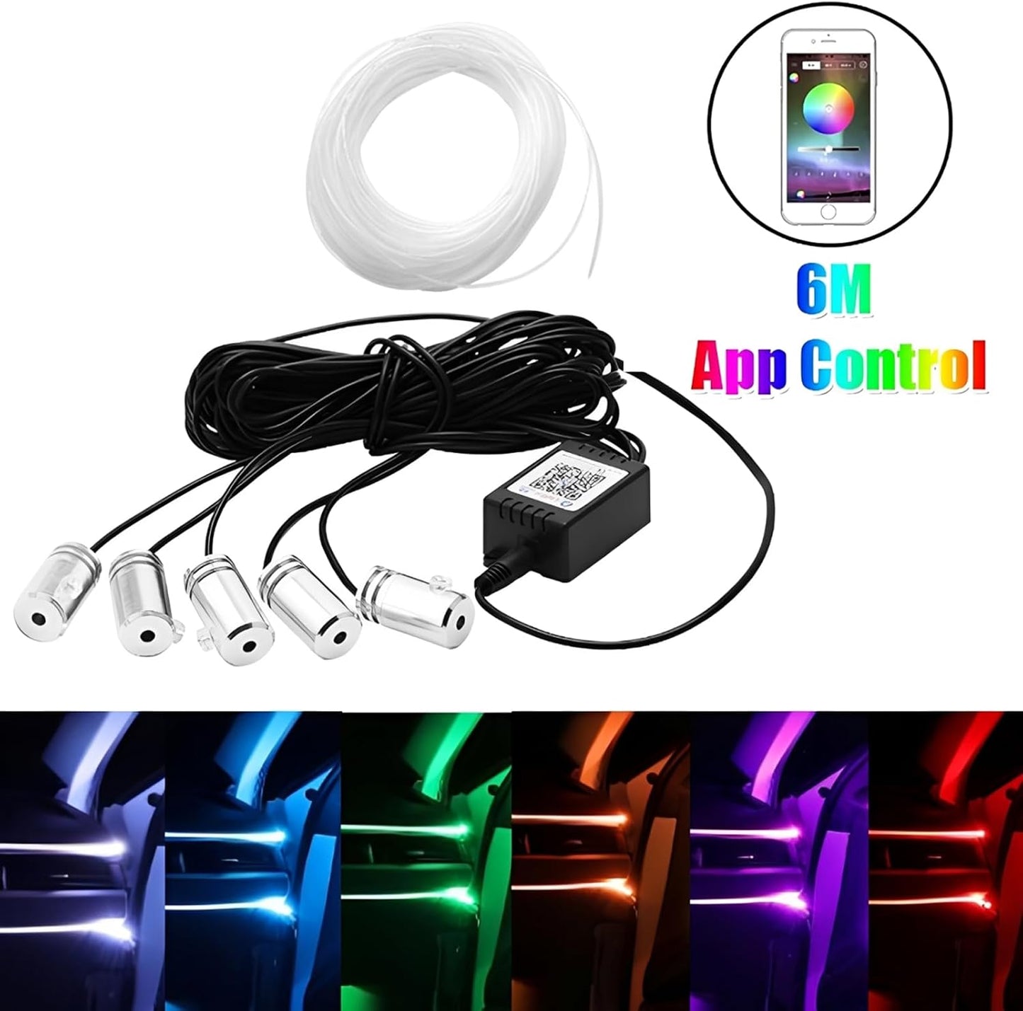 شريط إضاءة LED للسيارة من وازيكيز، أضواء داخلية للسيارة بالألوان المتعددة RGB 5 في 1 مع ألياف بصرية بطول 6 متر يناسب جميع السيارات، ديكور لوحة العدادات، تحكم عبر تطبيق البلوتوث
