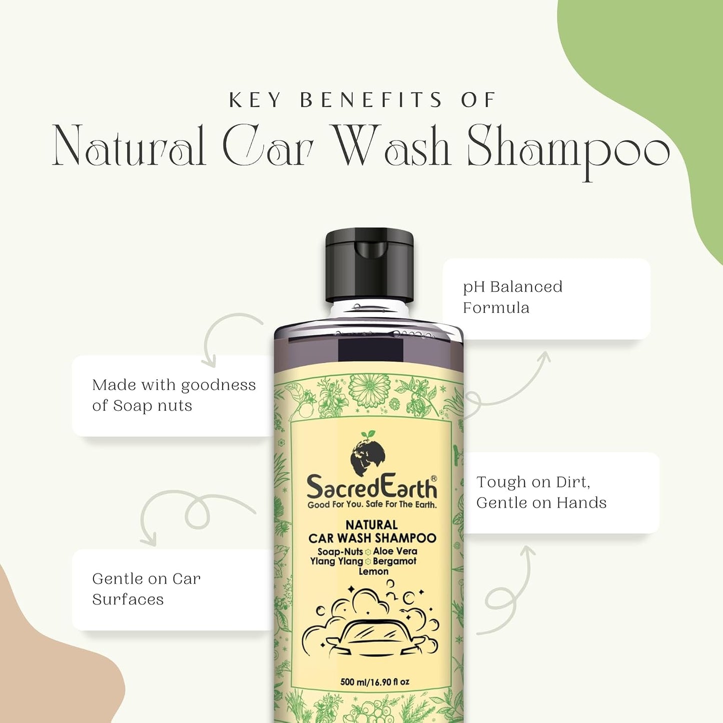 Natural Car Wash Shampoo, Better Shine After Wax, 10X Finish, High Foaming Formula, Concentrate Liquid For Spot Free Cleaning 500 Ml