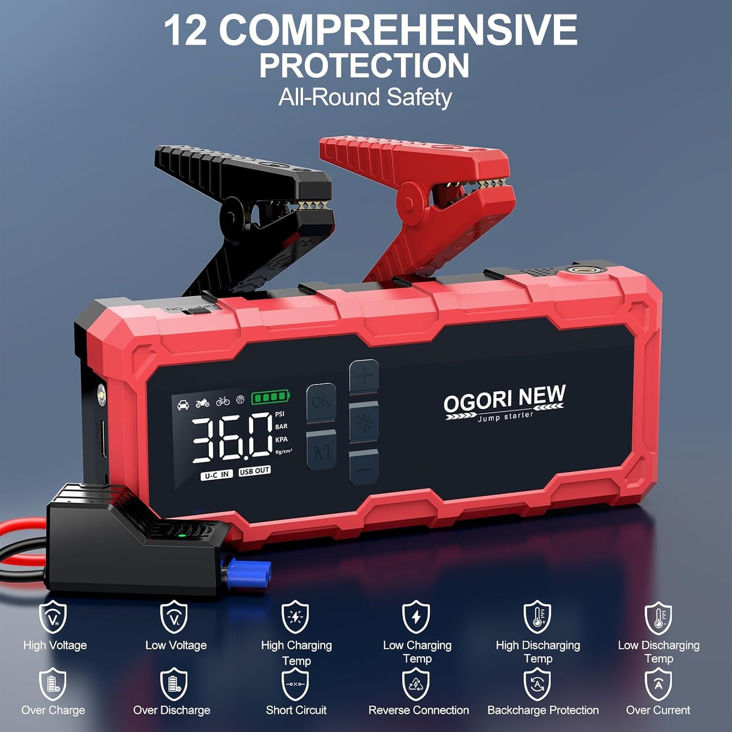 مشغل جامب ستارتر 7000 امبير مع ضاغط هواء، 21800mAh 150PSI بطارية سيارة محمولة (جميع الغاز/16 لتر ديزل)، صندوق قفز امن للغاية 12 فولت معزز بطارية السيارة مع كيبلات توصيل ومصابيح