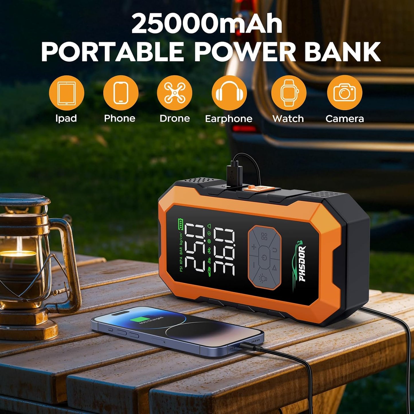 بادئ تشغيل السيارة 8000 أمبير 25000 مللي أمبير مع ضاغط هواء، بادئ تشغيل السيارة 150 باوند لكل بوصة مربعة (لجميع أنواع الغاز/10 لتر ديزل)، بادئ تشغيل بطارية السيارة 12 فولت مع جمبر ذكي وأضواء LED
