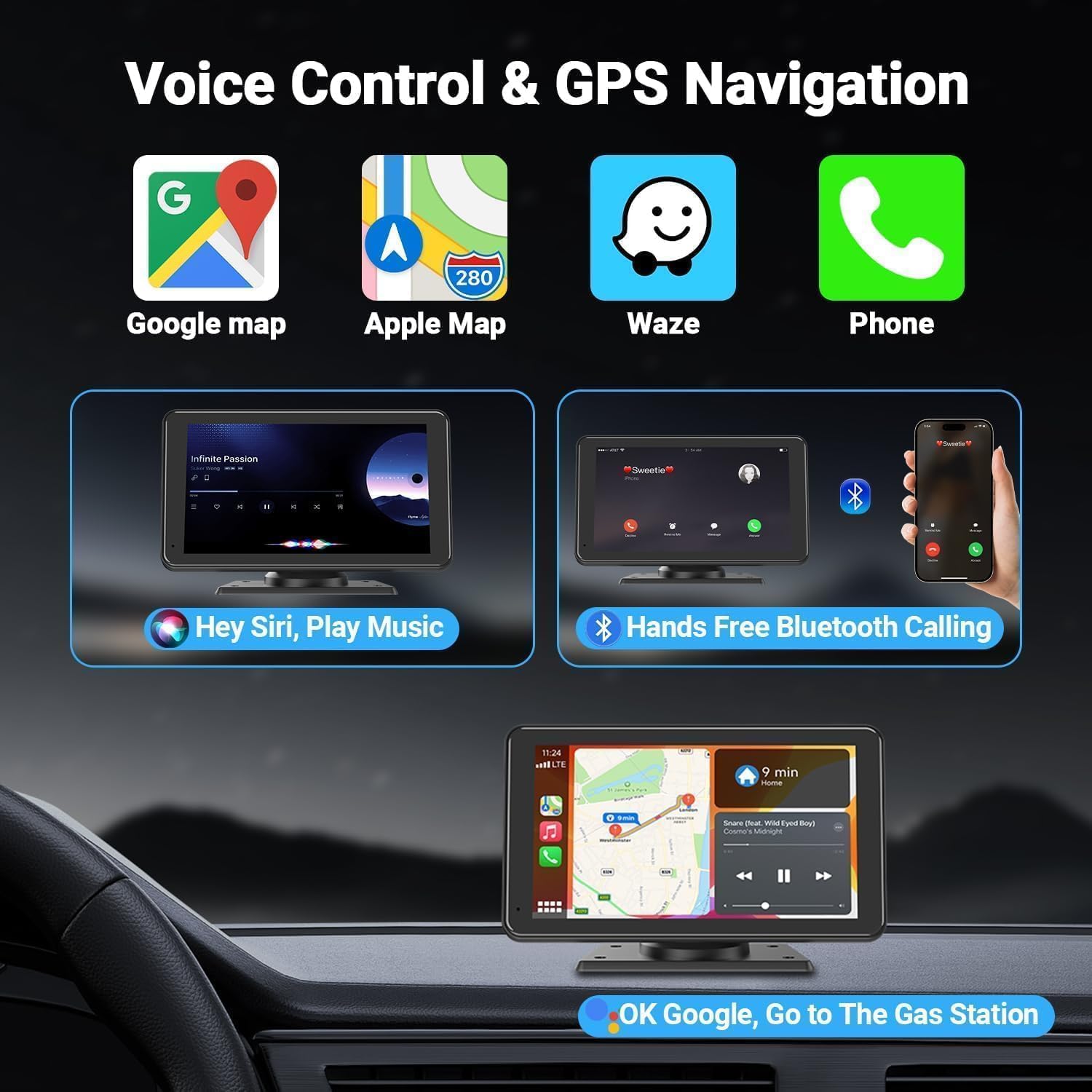 BuonaIdea Wireless Double Din Car Stereo Compatible with Apple Carplay and Android Car, 7 Inch HD Portable Bluetooth Carplay Touch Screen for Car,with Car Play Dash Mount and Backup Camera