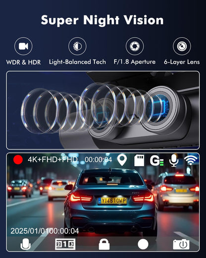 4K 3 Channel Dash Cam Front and Rear Inside for Uber Taxi, Dual Front Lens, Interior Night Vision, WiFi 6 GPS, 24H Parking Mode, 64GB Card, Heat Resistant Dashcam for Cars (V1)