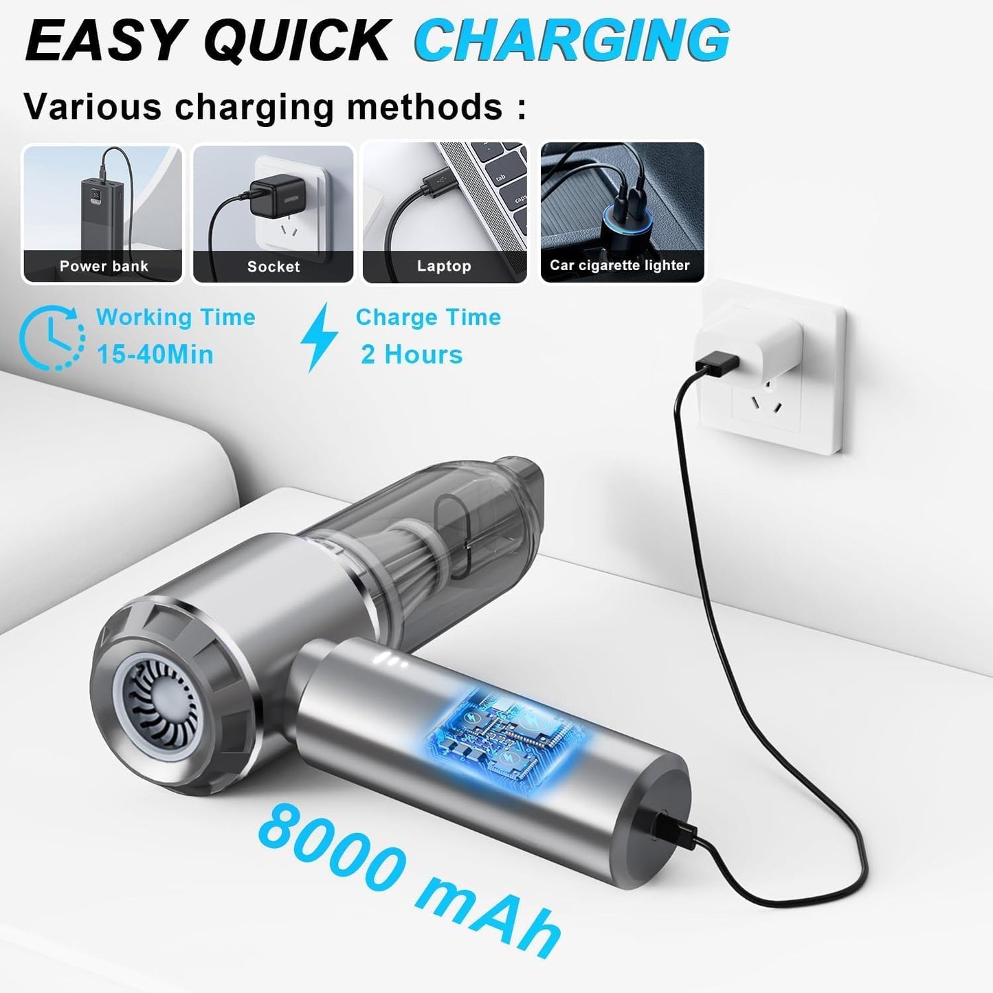4-in-1 Car Vacuum Cleaner Wireless, 25KPa Portable Cordless Vacuum Cleaner with 3 Gears, High Power Air Duster for Car, Home, Office, Camping