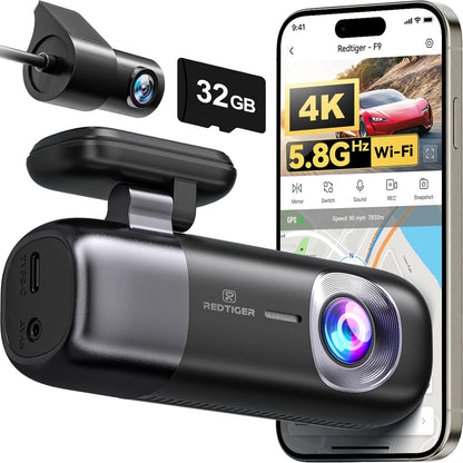 REDTIGER F9 Dash Cam 4K Front and Rear 1080P with Smart App Control,Dual Dash Cam for Cars with 32GB SD Card,GPS,Built-in WiFi,Night Vision,Parking Monitor,Loop Support 256GB Max