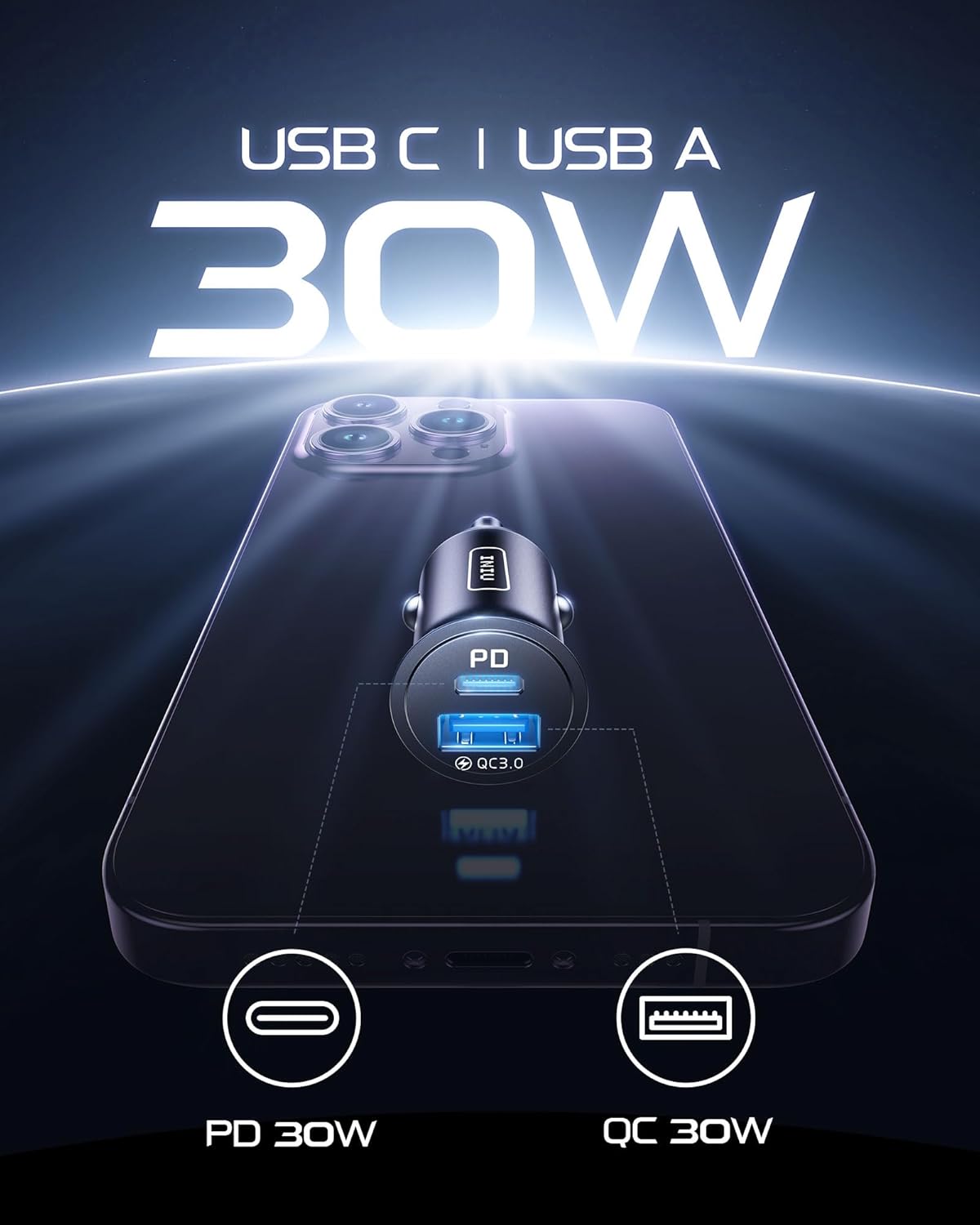 شاحن سيارة USB C من إنيو، [USB C 30 واط + USB A 30 واط] PD 3.0 5A شحن سريع، محول هاتف مصغر كله معدني بمنفذين مزدوجين لجميع السيارات للآيفون 16 15 14 13 12 برو ماكس، آيباد، سامسونج S24 S23، ماك بوك