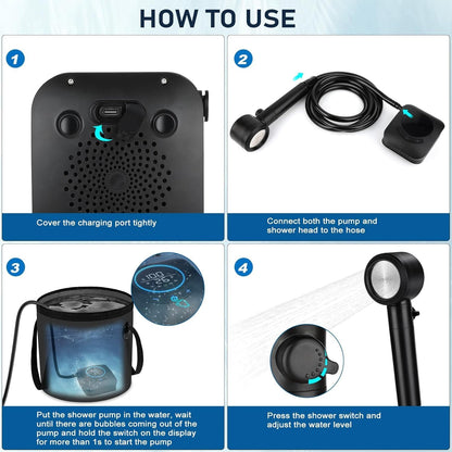 Labymos Portable Camping Shower, 8000mAh Long Battery Life, Smart Led Display 5-Speed Mode, Electric Shower Pump, Suitable for Camping, Hiking, Travel, Car And Pet Cleaning