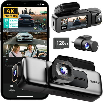 Botslab 3K 4 Channel Dash Cam,560°All-Sides View,Front and Rear Inside Car Camera with 3.18”Touch Screen,Dash Camera 24/7 Parking Mode,Built-in GPS 5.8G WiFi Night Vision Voice Control,Free 128GB Card