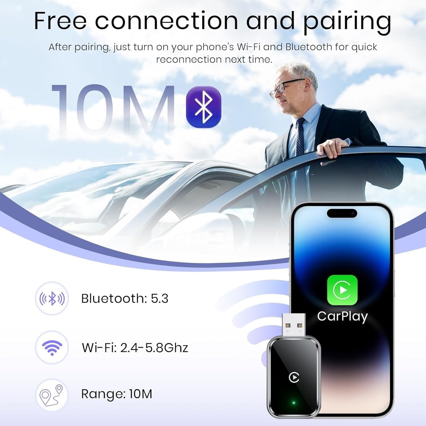 Wireless CarPlay Adapter for iPhone, USB-C CarPlay Dongle, Mini Plug & Play Bluetooth Adapter to Convert Wired to Wireless Car Play, USB/Type-C, No Delay