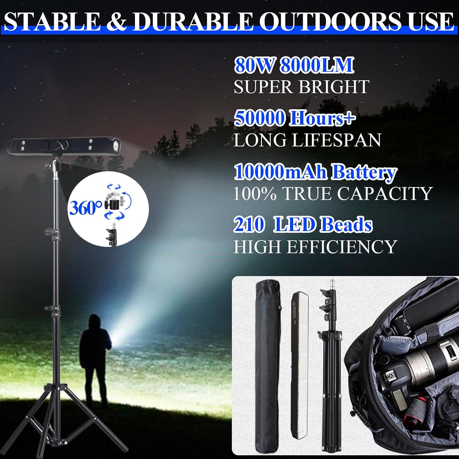 BOYKIM Camping Light, Portable Rechargeable Work Light with Detachable Tripod Stand,8000 Lumen Cordless Light Bar Flashlight for Outdoor Fishing Hiking Adventure Emergency