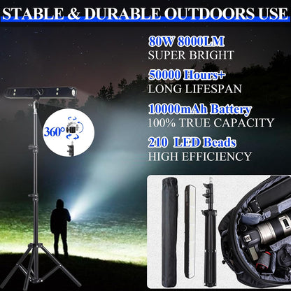 BOYKIM Camping Light, Portable Rechargeable Work Light with Detachable Tripod Stand,8000 Lumen Cordless Light Bar Flashlight for Outdoor Fishing Hiking Adventure Emergency