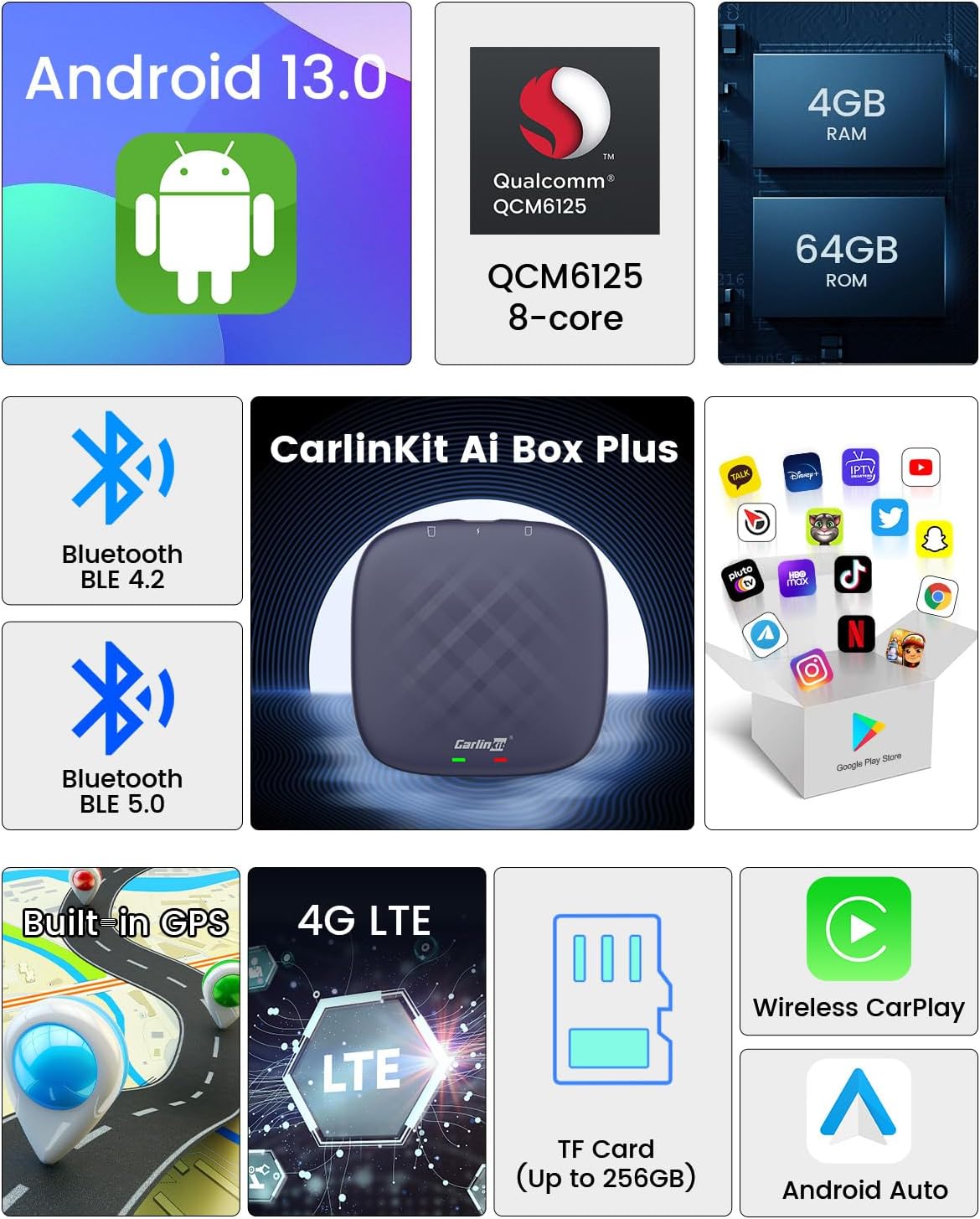 Carlinkit Android 13 Ai Box Pro Series: Transform Your Car into a Multimedia Adapter with Qualcomm Octa-core 6125, 4+64GB Memory, and Built-in Google Play Store and Bluetooth Gaming Controller