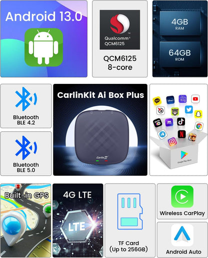 Carlinkit Android 13 Ai Box Pro Series: Transform Your Car into a Multimedia Adapter with Qualcomm Octa-core 6125, 4+64GB Memory, and Built-in Google Play Store and Bluetooth Gaming Controller