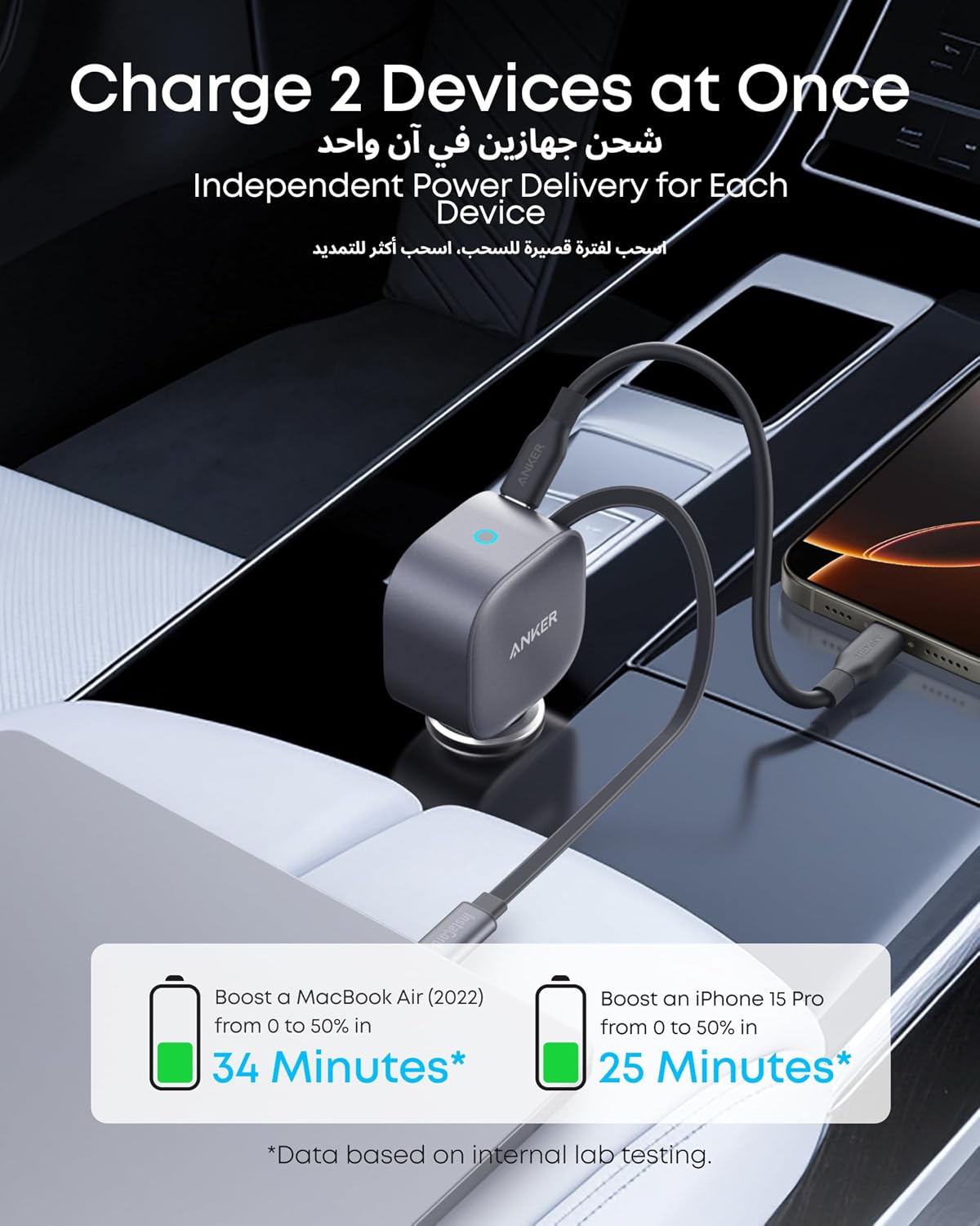 Anker USB-C Car Charger, 75W Max Ultra-Compact Type-C Fast Car Charger with Built-In Retractable Cable Car Adapter for iPhone 17/16 Series, Samsung S26/S25/S24, MacBookPro/Air, iPad, and More