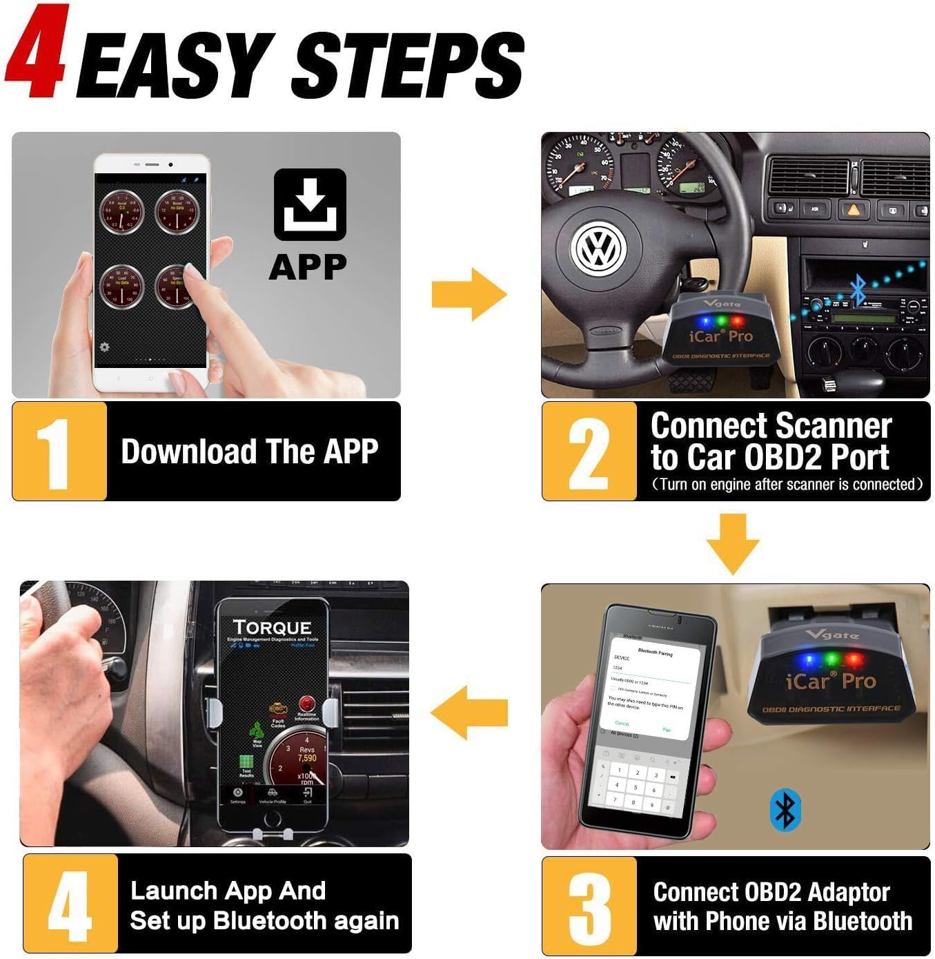 قارئ رموز الأعطاب OBD2 فيجيت آي كار برو بلوتوث 4.0، فاحص رموز OBDII، تحذير فحص المحرك - اي باد ايفون بنظام اي او اس/أندرويد، متوافق مع محول ELM327 (بلوتوث 4.0 لاي باد ايفون بنظام اي او اس/أندرويد)