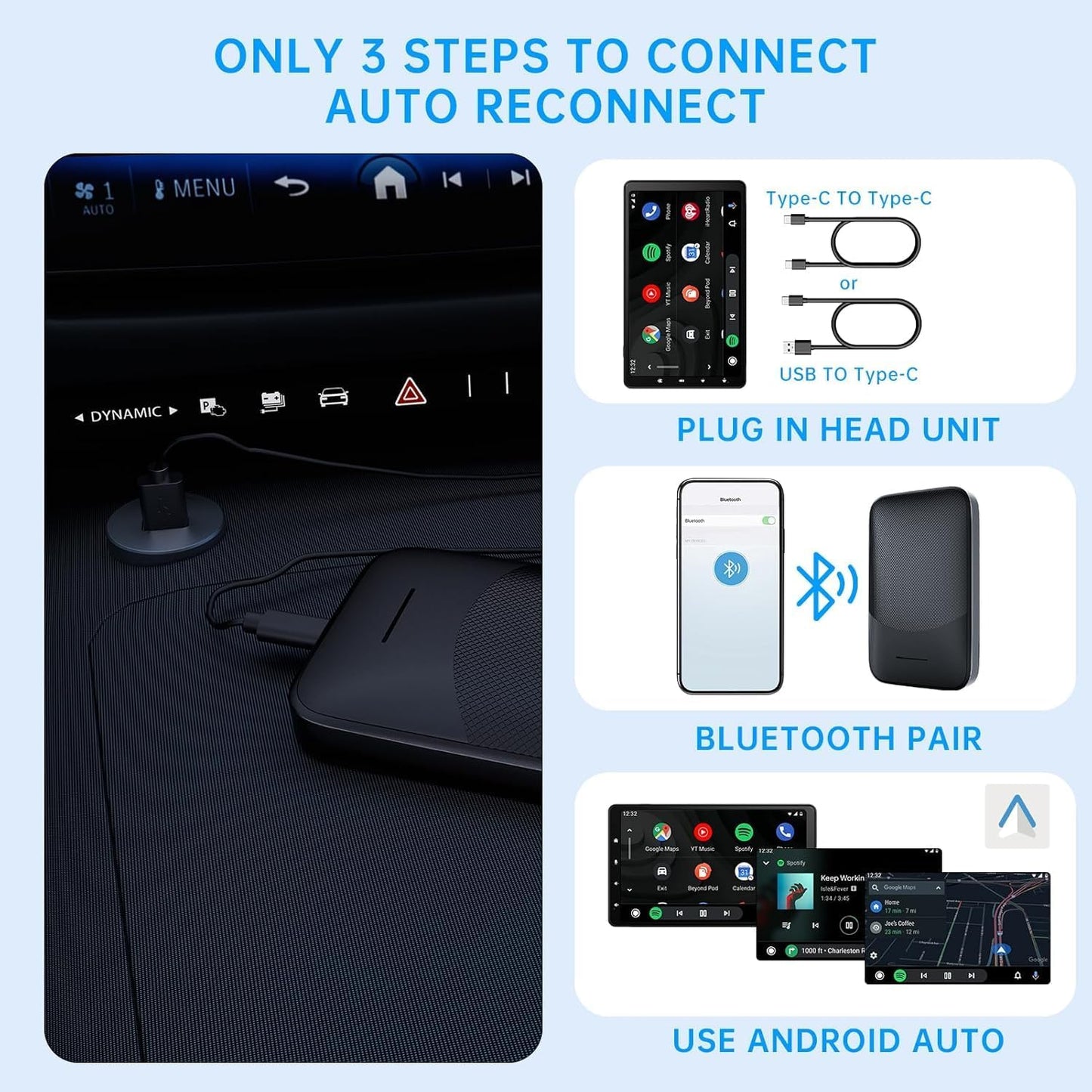 Wireless Android Auto Car Adapter, Plug & Play Dongle For Phones Fit 2015 And Above Cars Converts Wired To